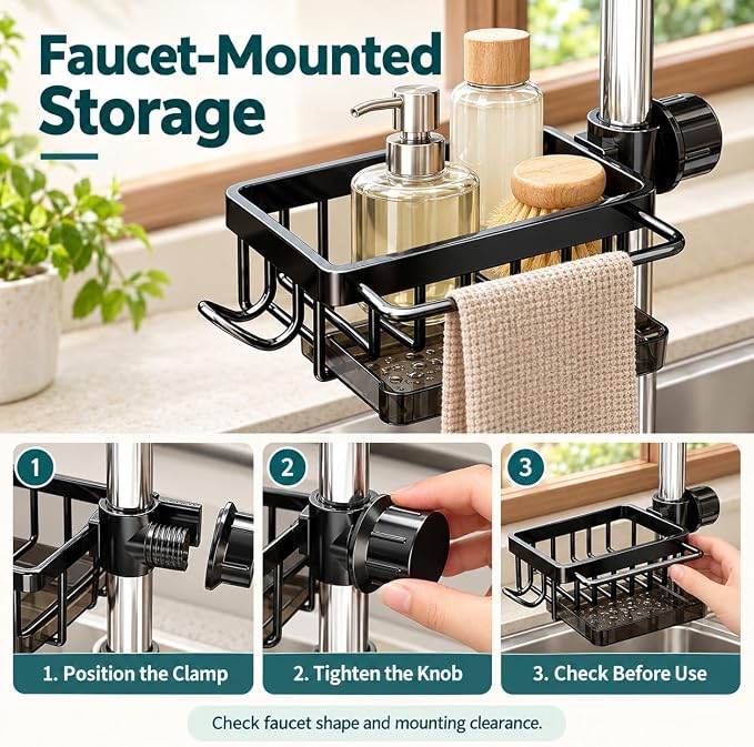 kitchen sink faucet organizer, Aluminum Rack with Removable Drip Tray