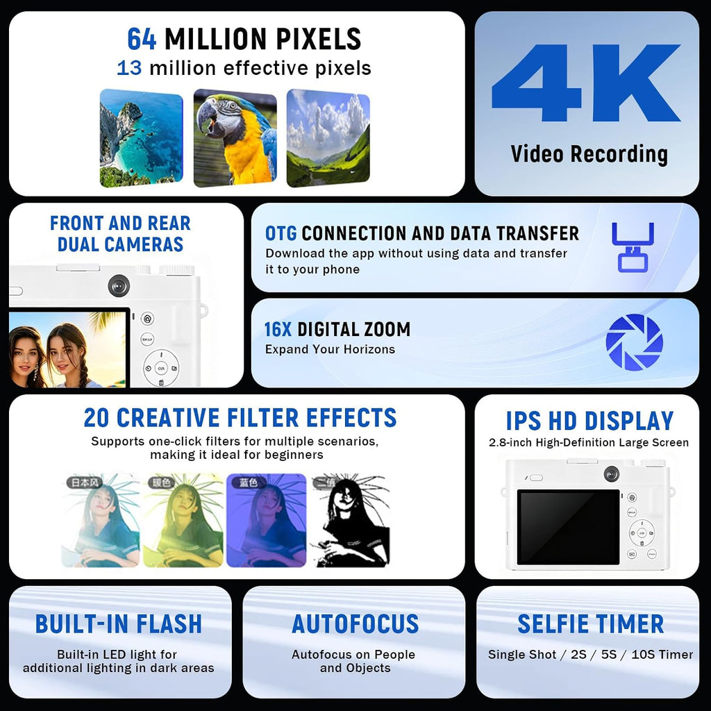 4K Digital Camera, Autofocus Point-and-Shoot Camera