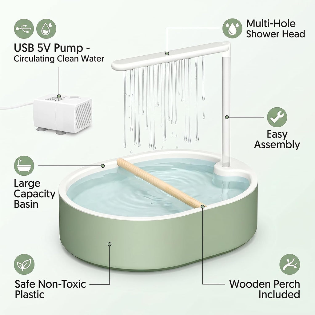 Automatic Bird Bath for Cage with Circulating Water Fountain & USB Pump