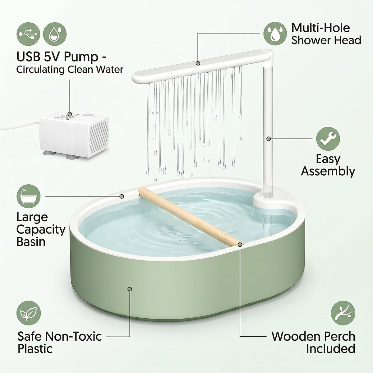 Automatic Bird Bath for Cage with Circulating Water Fountain & USB Pump