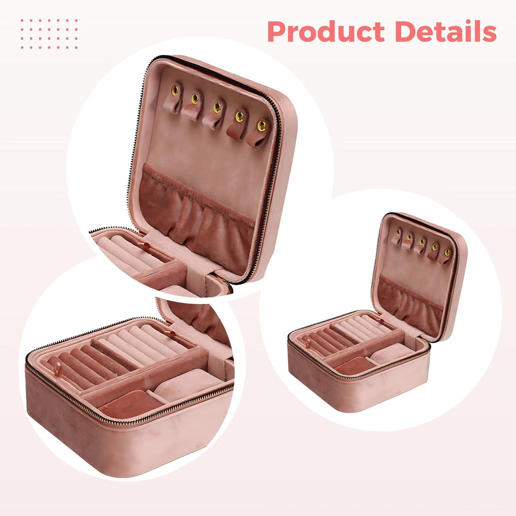 Pink Jewelry Storage Box, Double-Layer Velveteen Organizer with Zipper for Rings, Necklaces & B