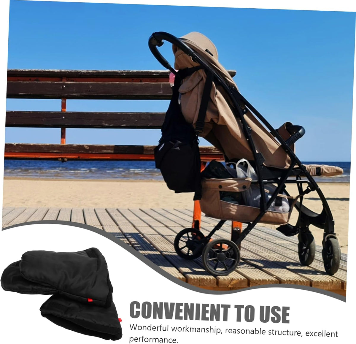 Insulated Stroller Mittens for Winter, Windproof Warm Gloves Xmas 1 Pair, Oxford Cloth Cotton Build, Black Finish, Outdoor Use, Men and Women, Sturdy Practical Design