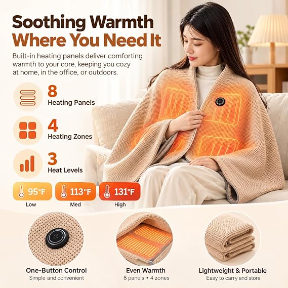 Heated Shawl, Wearable Heated Blanket with 8 Panels, 3 Heat Levels, USB 8 carbon-fiber heating panels in 4 center zones with 3 heat levels; requires a 5V/2A USB power source.