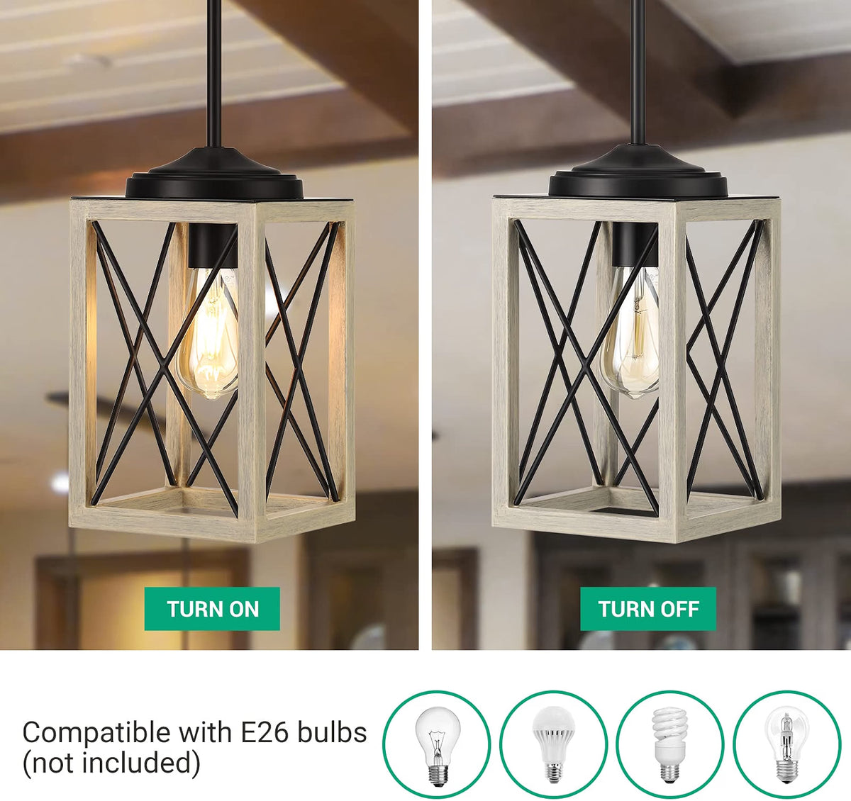 Adjustable Farmhouse Pendant Light with Wood Grain Finish, E26 Base, for Kitchen, Bedroom & Living Room