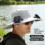 Solar Powered Fan Hat, Wide Brim Bucket Hat with Fan, Solar & USB Charging for Beach Gardening Travel