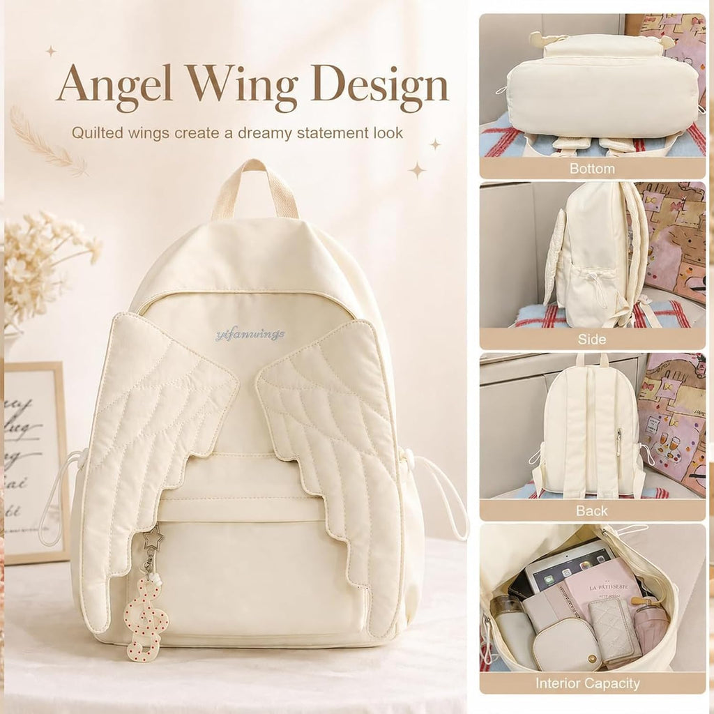 Wing Backpack Lightweight Nylon Daypack For Women Travel (White) Unique Wing Design Adds A Stylish Touch To Daily Carry, Ideal For School, Travel, Shopping And Casual Outings.