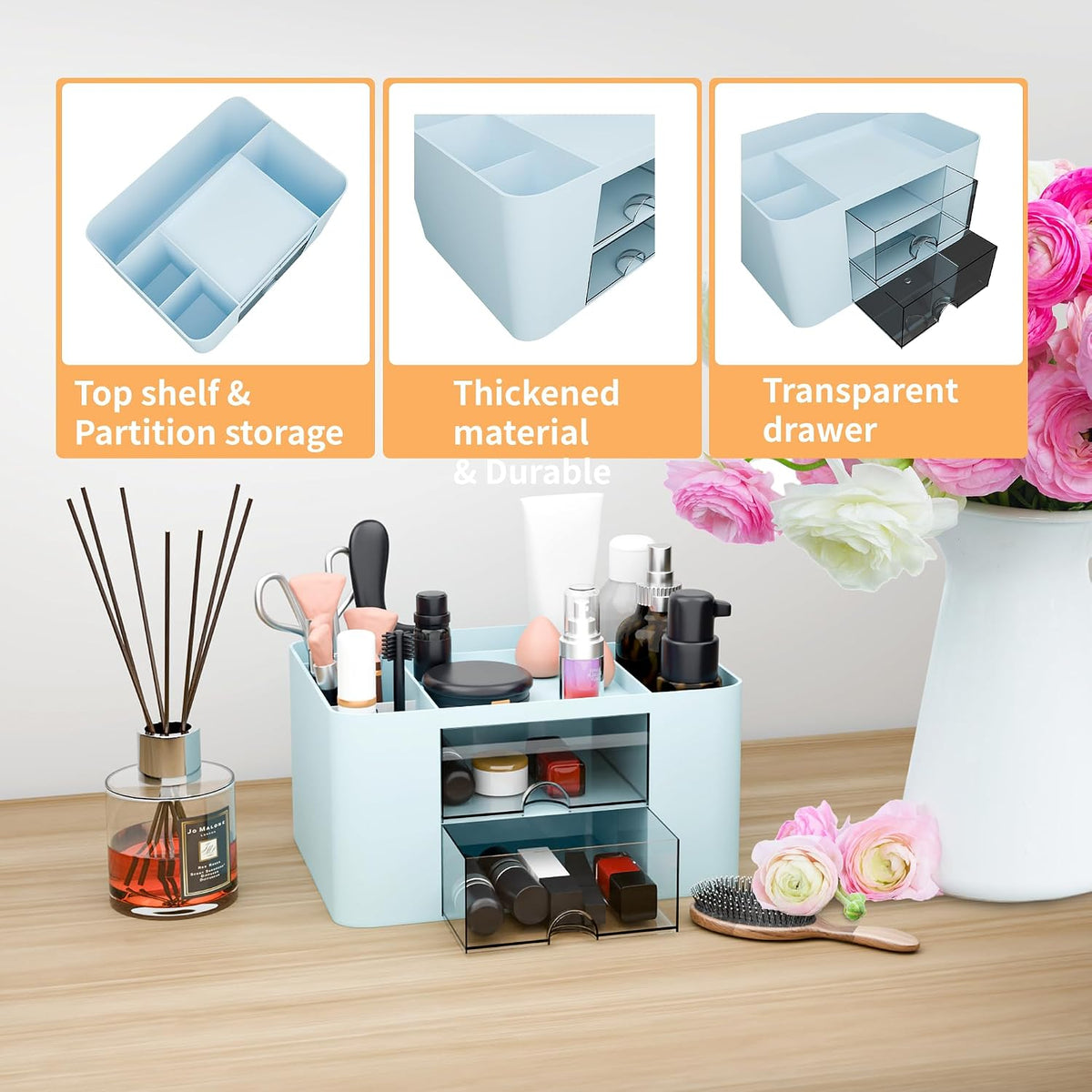CasaCulina Desk Organizer with 2 Drawers, 5 Compartments, Blue