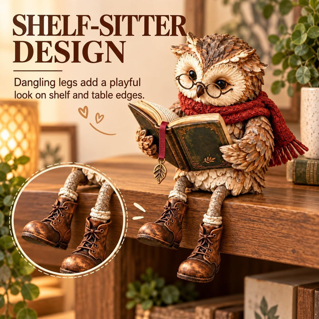 Reading Owl Figurine with Book, Owl Statue for Bookshelf Decor, 15x10x18 cm Reading owl figurine with book for bookshelf, desk, reading nook, shelf, and home decor; 15 x 10 x 18 cm, 240 g.