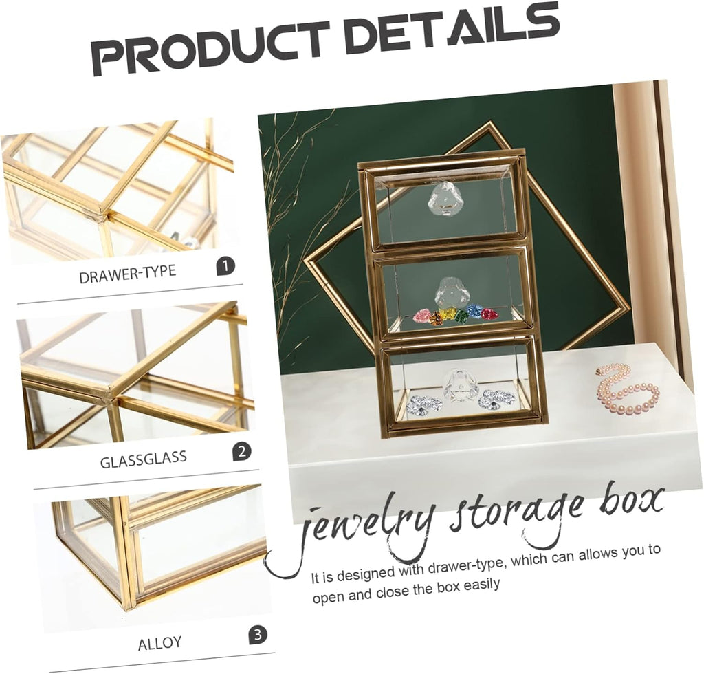 3-tier Jewelry Storage Box with Drawer Design, Golden Glass Alloy Closed Case, Tabletop Organization for Lip Gloss and Skin Care Bottles, Bathroom Counter or Office