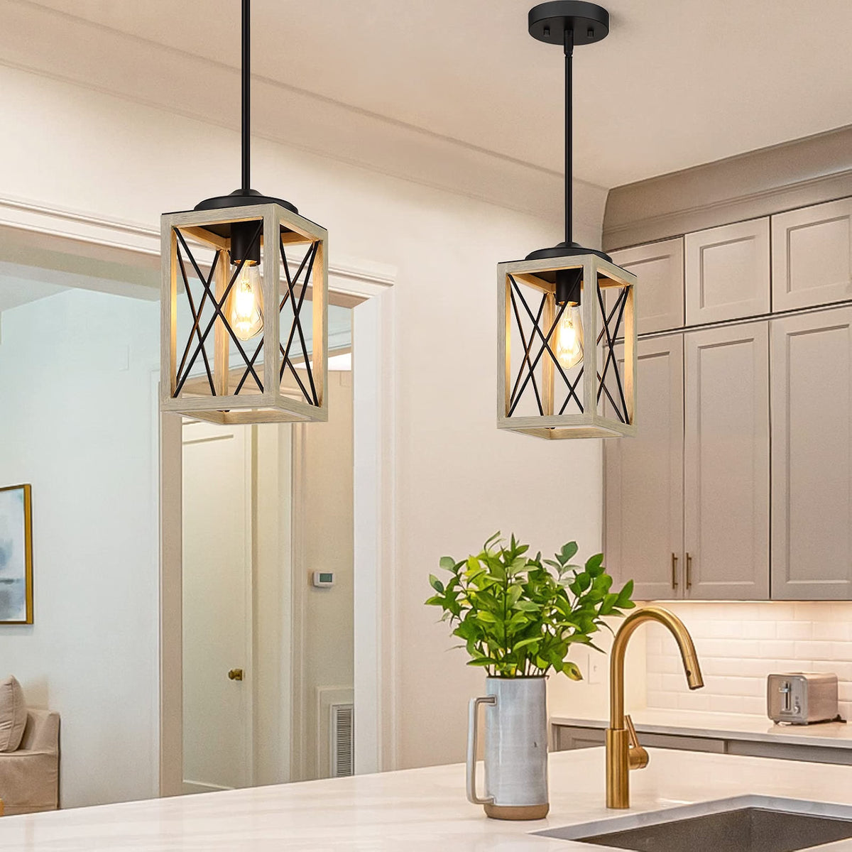 Adjustable Farmhouse Pendant Light with Wood Grain Finish, E26 Base, for Kitchen, Bedroom & Living Room