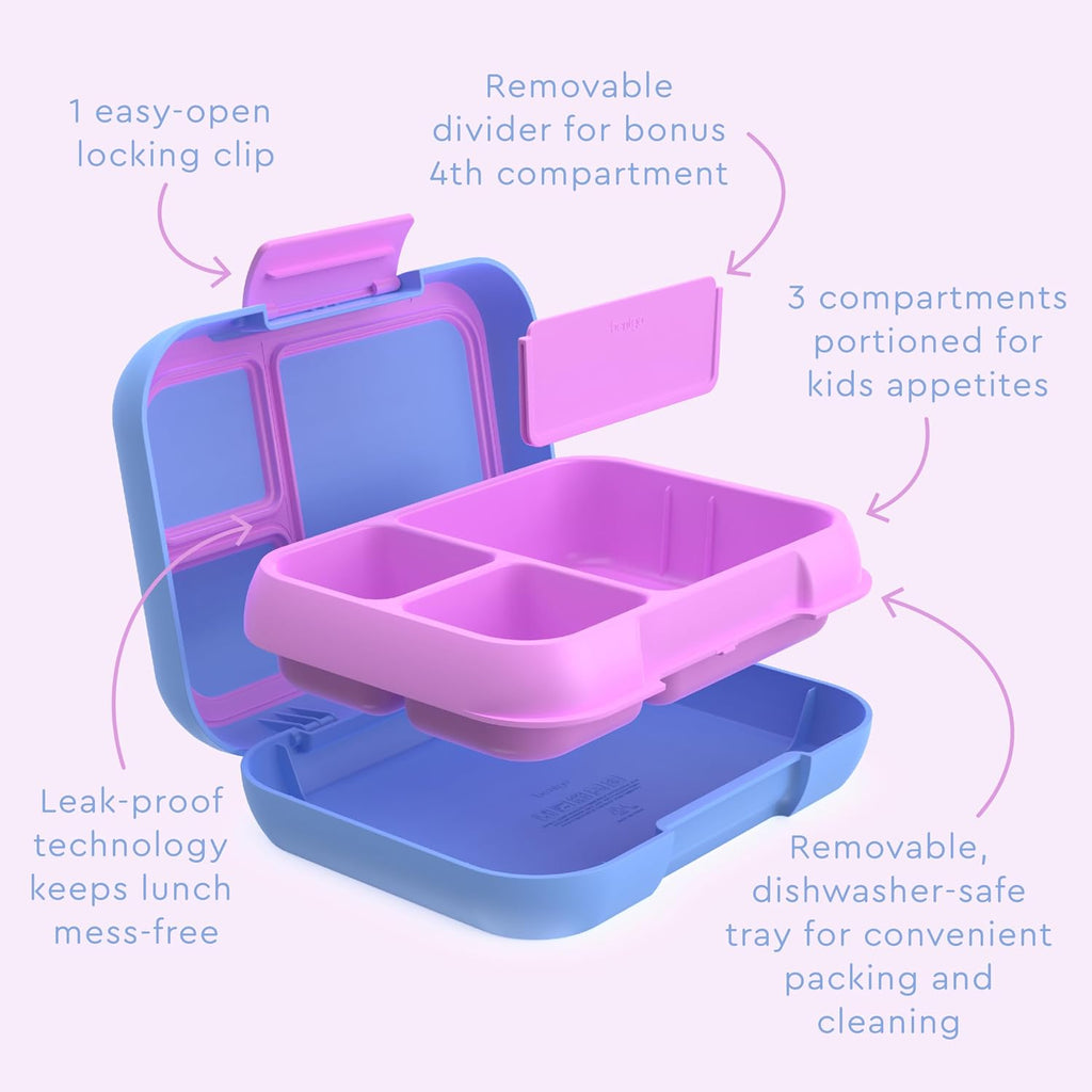 Pop Lunch Box (Periwinkle/Pink) Set With Kids Bento-Style Snack Box (Purple)