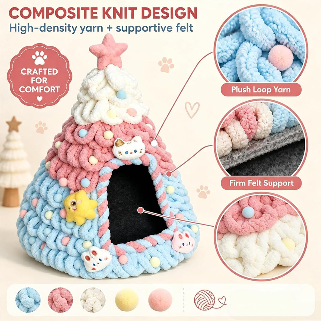 Christmas Tree Cat Bed Cave with Felt and Gauze，Pink