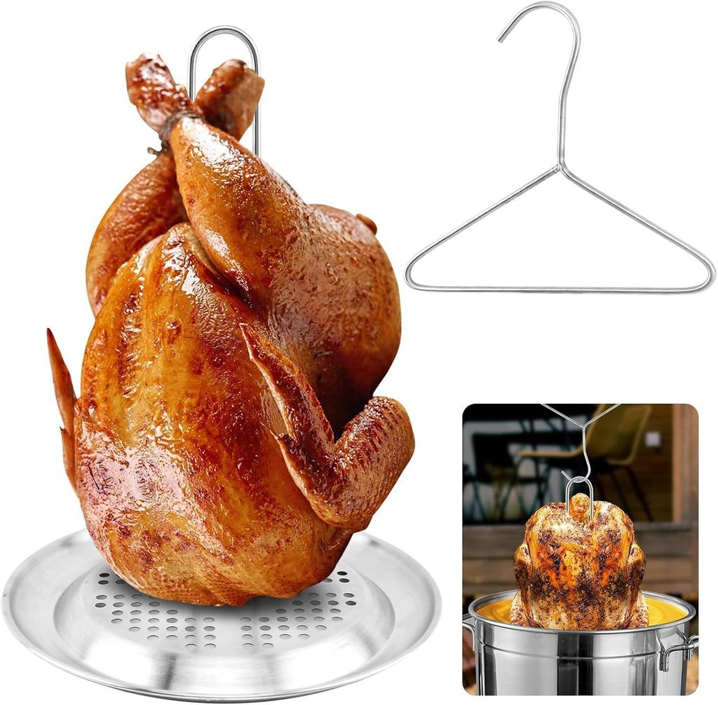Turkey Rack, Stainless Steel Vertical Turkey Roasting Stand, Poultry Chicken Holder Accessories, Heavy Duty Aluminum Roasting Drip Pan, for Outdoor Deep Fryer