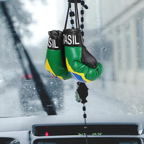 Brazil Flag Mini Boxing Gloves Keychain Pair Hanging Decor PVC Cotton Build, for Bags and Keys, Patriotic Style, Fine Workmanship, 1 Pair Set