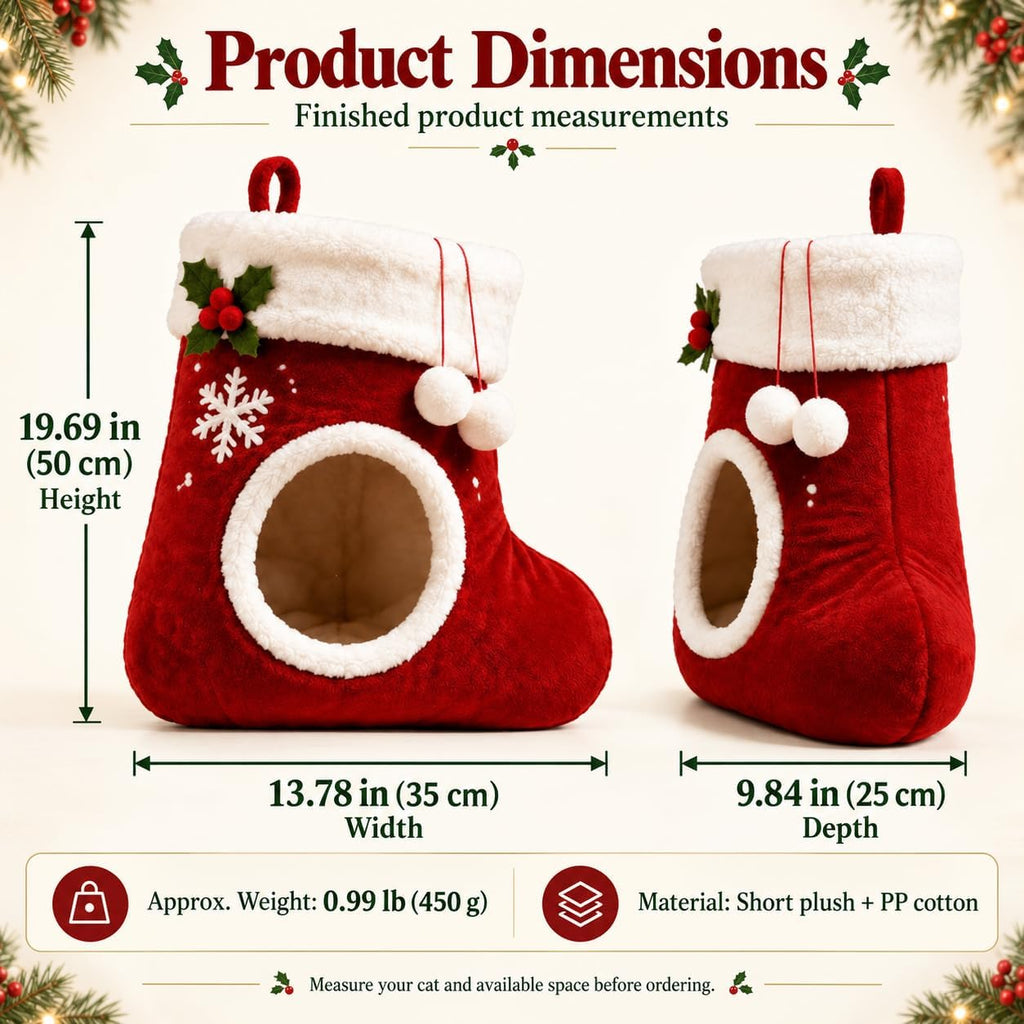 christmas stocking cat bed, Plush Indoor Cave with Non-Slip Base A festive christmas cat house with a soft plush interior and a sheltered space for indoor naps.