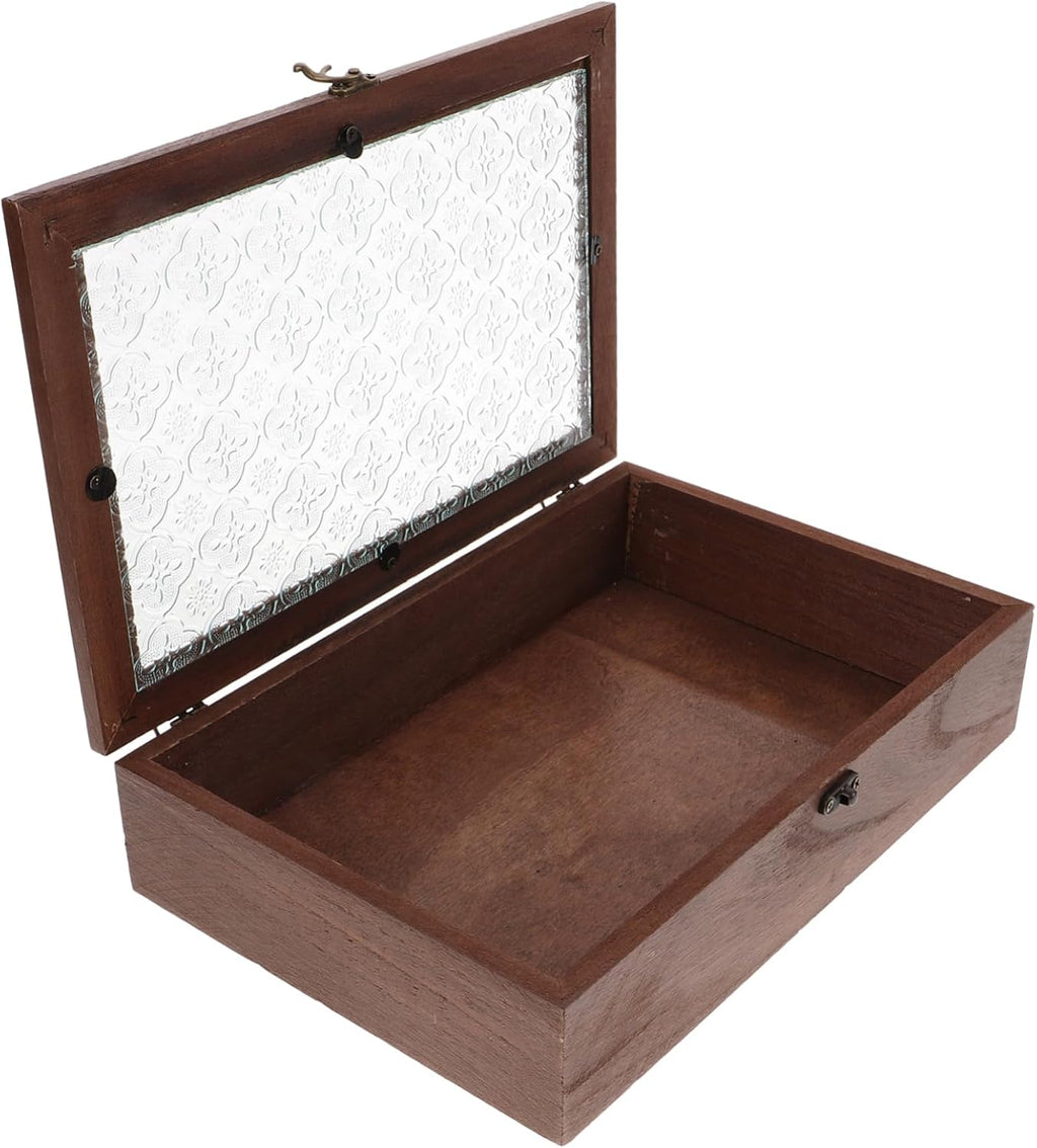 Wooden Jewelry Storage Box for Rings and Keys with Lid Coffee Tone, Antique Retro Style, Glass Top, Delicate Keepsake Organizer for Anniversary and New Year