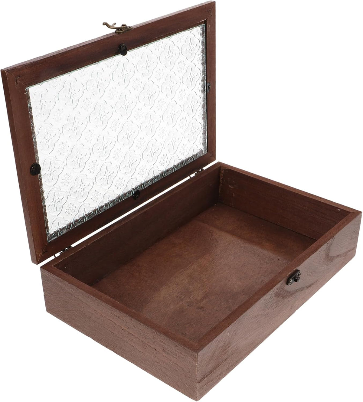 Wooden Jewelry Storage Box for Rings and Keys with Lid Coffee Tone, Antique Retro Style, Glass Top, Delicate Keepsake Organizer for Anniversary and New Year