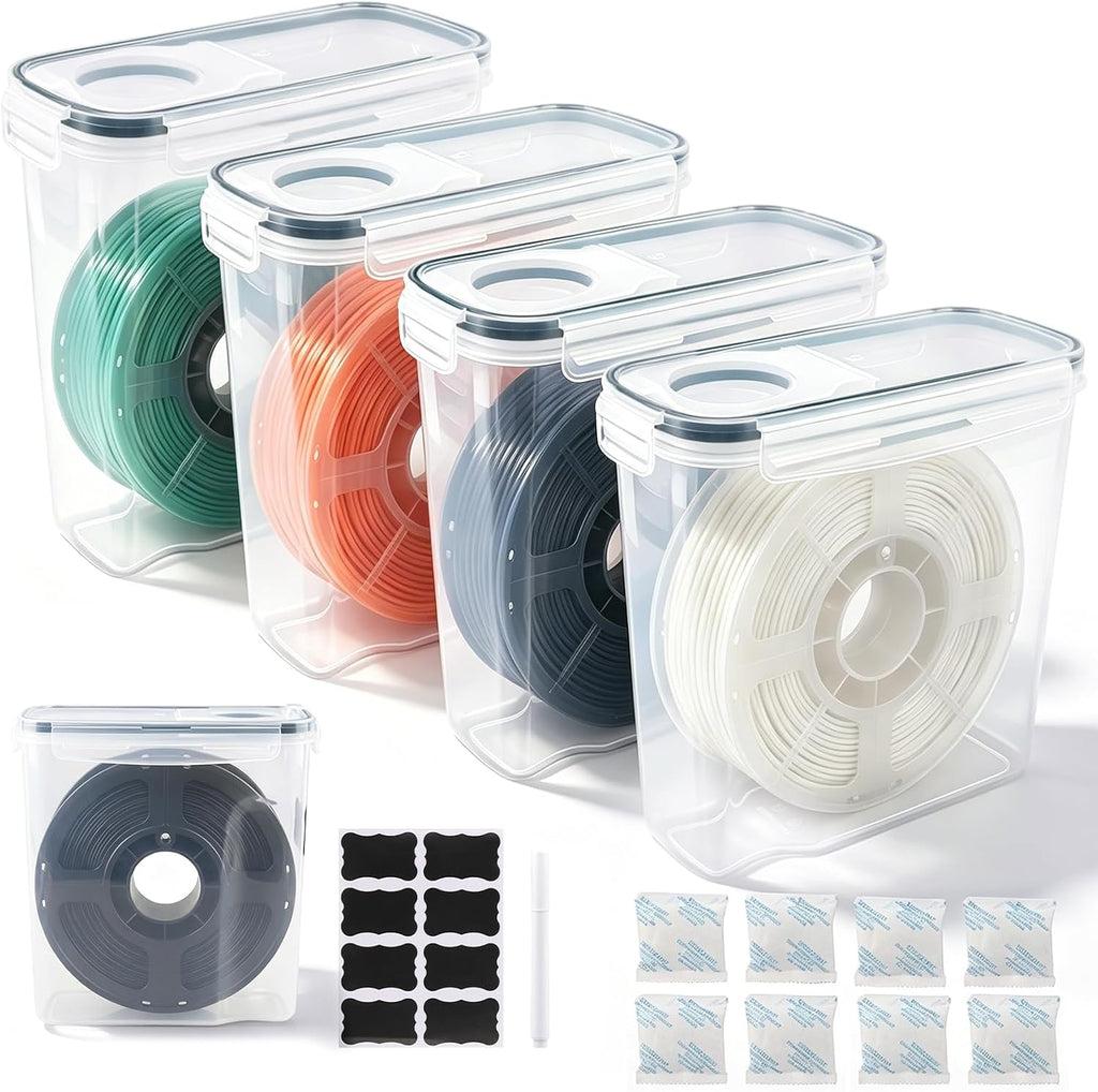 Filament Storage Box, Airtight Container for Single 500g Small Spools 4 pcs Transparent Airtight Dry Storage Boxes with Desiccants and Label for 3D Printer Filament Sealing and Protection