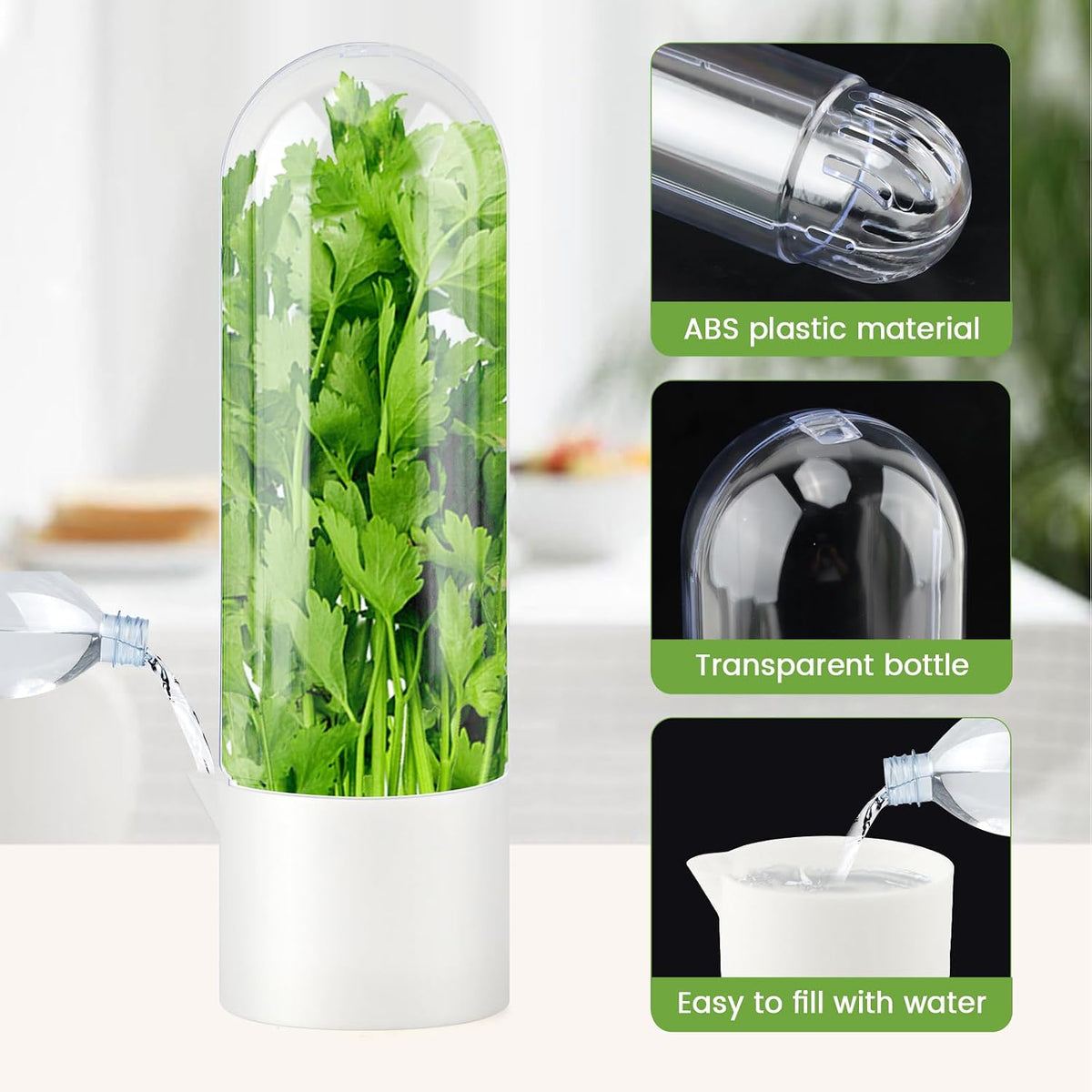 3 Pack Herb Saver for Refrigerator with 5-Blade Herb Scissors Fresh Herb Keeper Clear Preservation Bottle Cilantro Storage Container for Herbs Asparagus Mint Parsley Extends Freshness