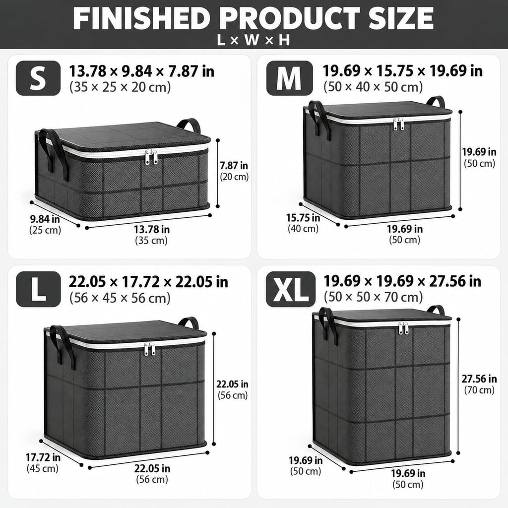 Foldable Storage Bag with Zipper, Clothes & Blanket Storage, S-XL (M) Nonwoven foldable storage bag with zippered lid and side handles; S/M/L/XL sizes for clothes, blankets, bedding and toys.
