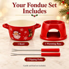 christmas chocolate fondue mug, 300ml Ceramic Set with 2 Dipping Forks Red ceramic bowl and candle base with 2 dipping forks; 300ml capacity. Candle and food are not included.