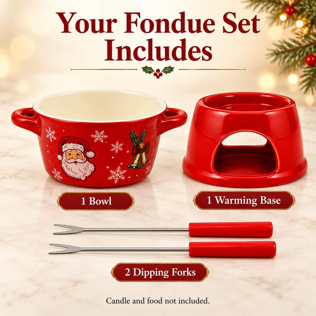 christmas chocolate fondue mug, 300ml Ceramic Set with 2 Dipping Forks Red ceramic bowl and candle base with 2 dipping forks; 300ml capacity. Candle and food are not included.