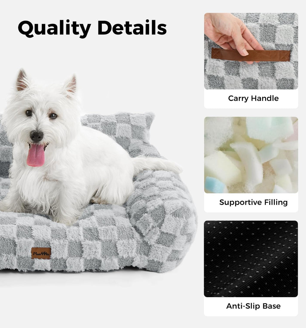 Made4Pets Faux Fur Pet Sofa Bed, Cozy Checkered Couch with Washable Cover, Grey