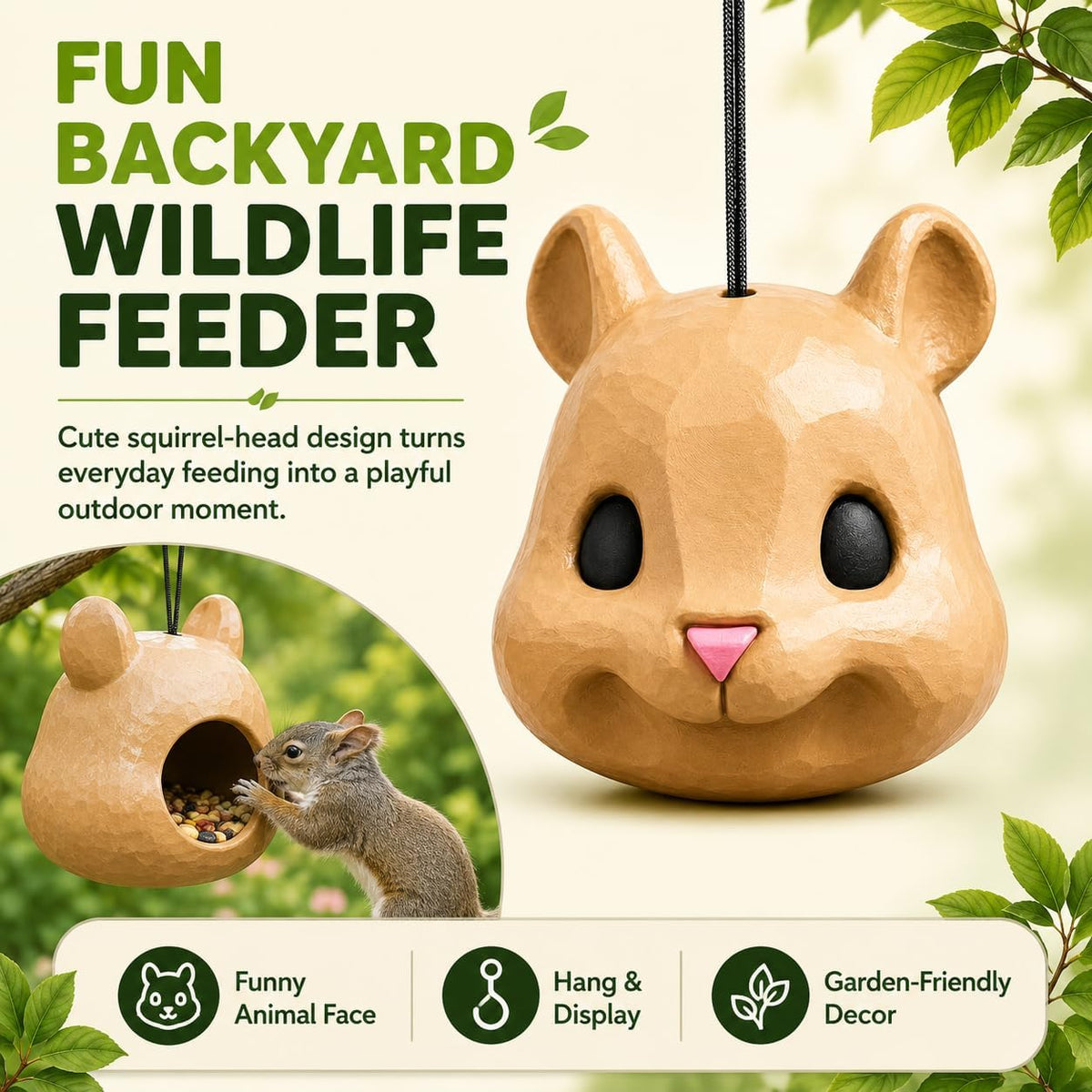 Squirrel Head Feeder, Funny Animal Face Hanging Wildlife Feeder (1) Creates An Amusing Close-Up View While Wildlife Eats, Ideal For Casual Outdoor Watching
