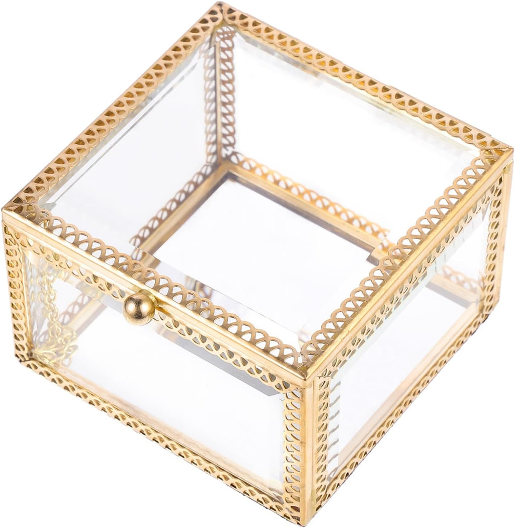 Glass Jewelry Box Decorative Storage Holder for Rings and Earrings Brass Frame, Cube Style, Home Display Accent, Gift Choice for Friends and Colleagues