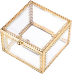 Glass Jewelry Box Decorative Storage Holder for Rings and Earrings Brass Frame, Cube Style, Home Display Accent, Gift Choice for Friends and Colleagues