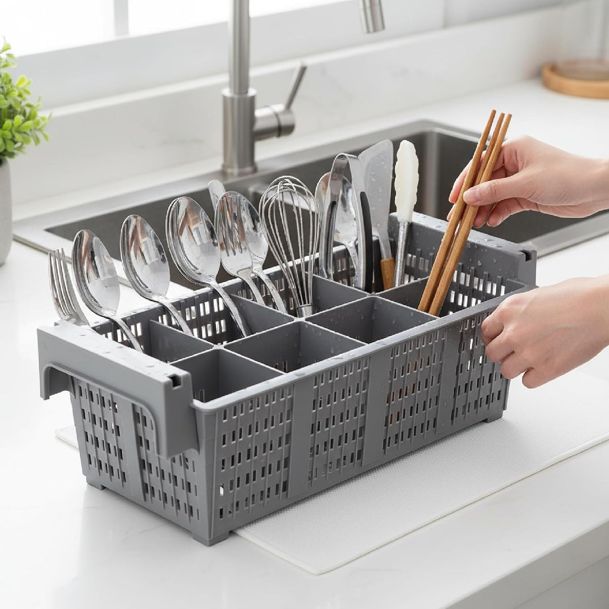 Commercial Dishwasher Rack, 8-Compartment Silverware Drying Basket with Drain Holes, Gray