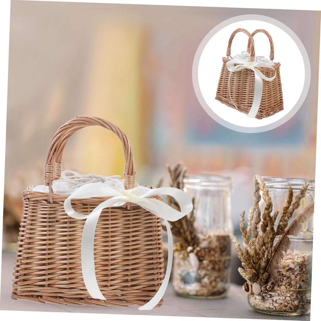 Rattan Flower Basket Container for Home Decoration and Gifts White Simulation Style, Rattan and Cotton Cloth, Portable Storage for Flowers, Proposal or Home Use