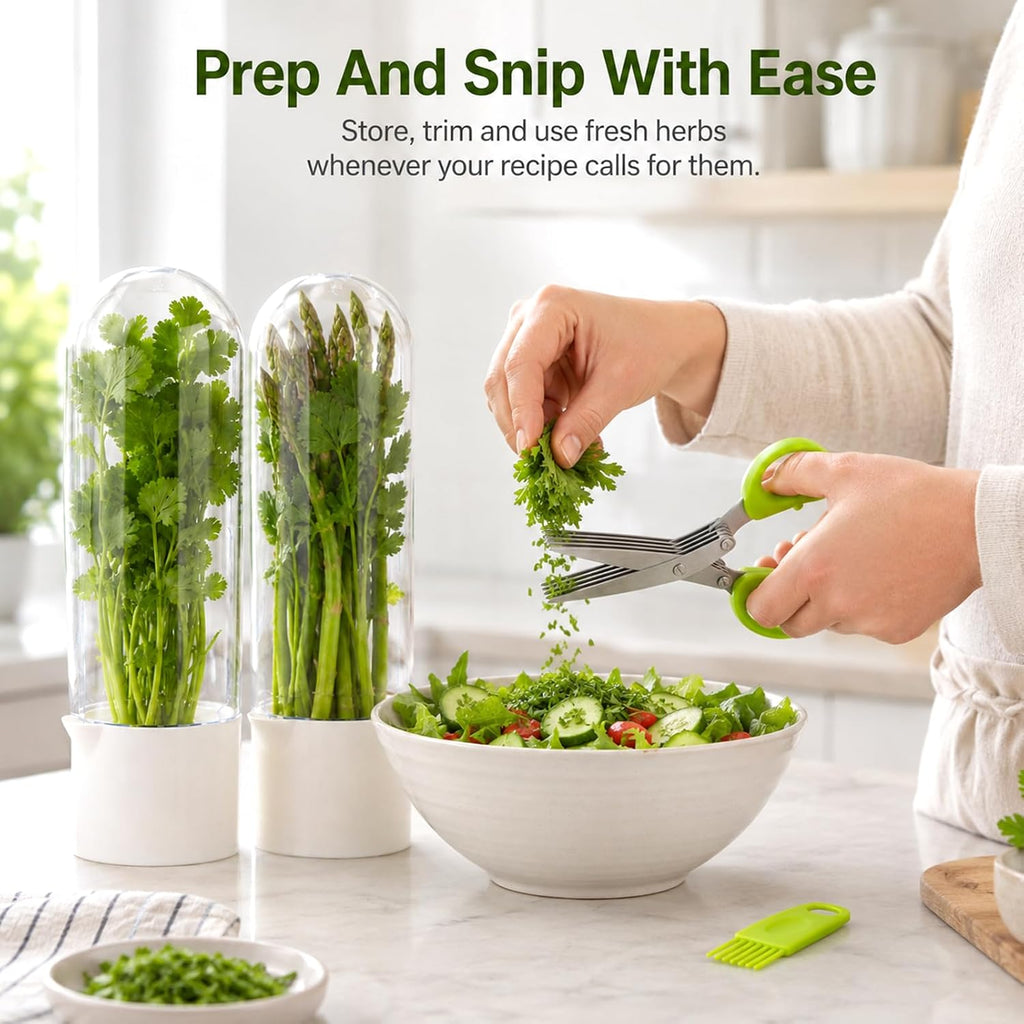 3 Pack Herb Saver for Refrigerator with 5-Blade Herb Scissors Fresh Herb Keeper Clear Preservation Bottle Cilantro Storage Container for Herbs Asparagus Mint Parsley Extends Freshness