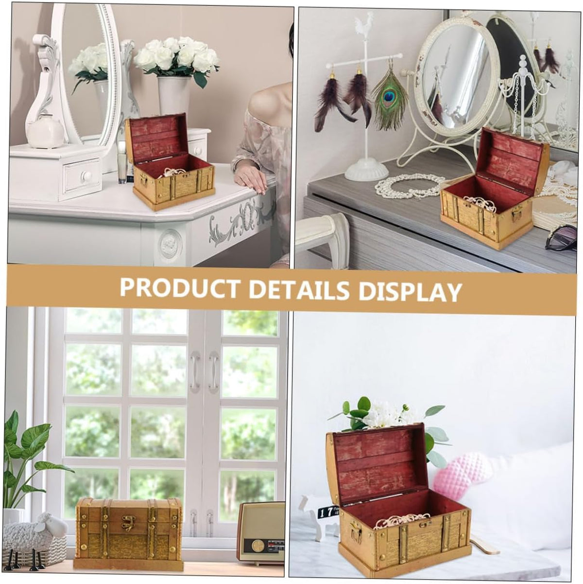 Retro Wooden Treasure Chest Decorative Box for Small Valuables Solid Wood Build, Golden Antique Finish, Watch and Stationery Display, Cosplay Props, Games