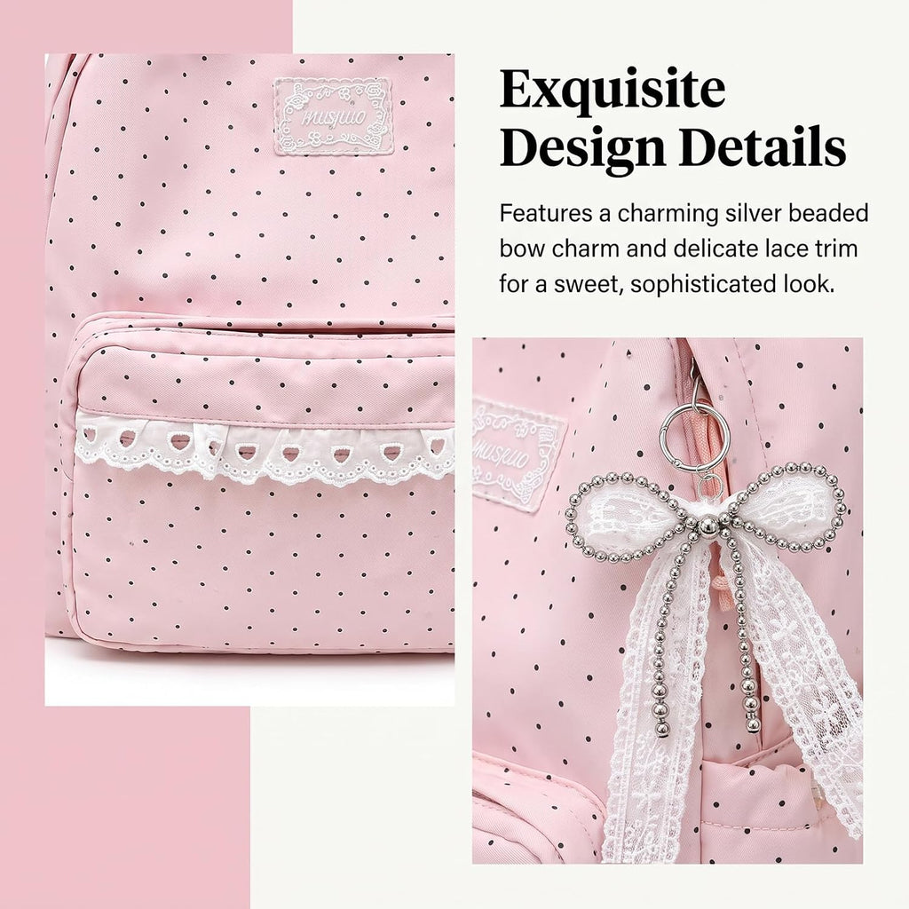Coquette Backpack Light Yellow Lace Backpack With Bow Accessories, Cute Kawaii Daypack For Laptop, Polka Dot Design (Pink)