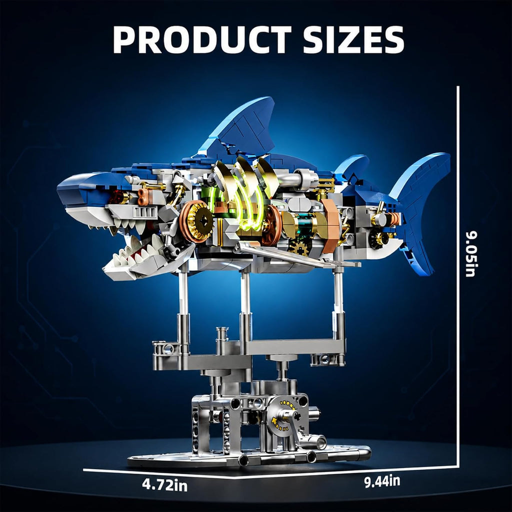 Mechanical Shark Building Set with LED Lights - Movable Crank Gears,687 PCS
