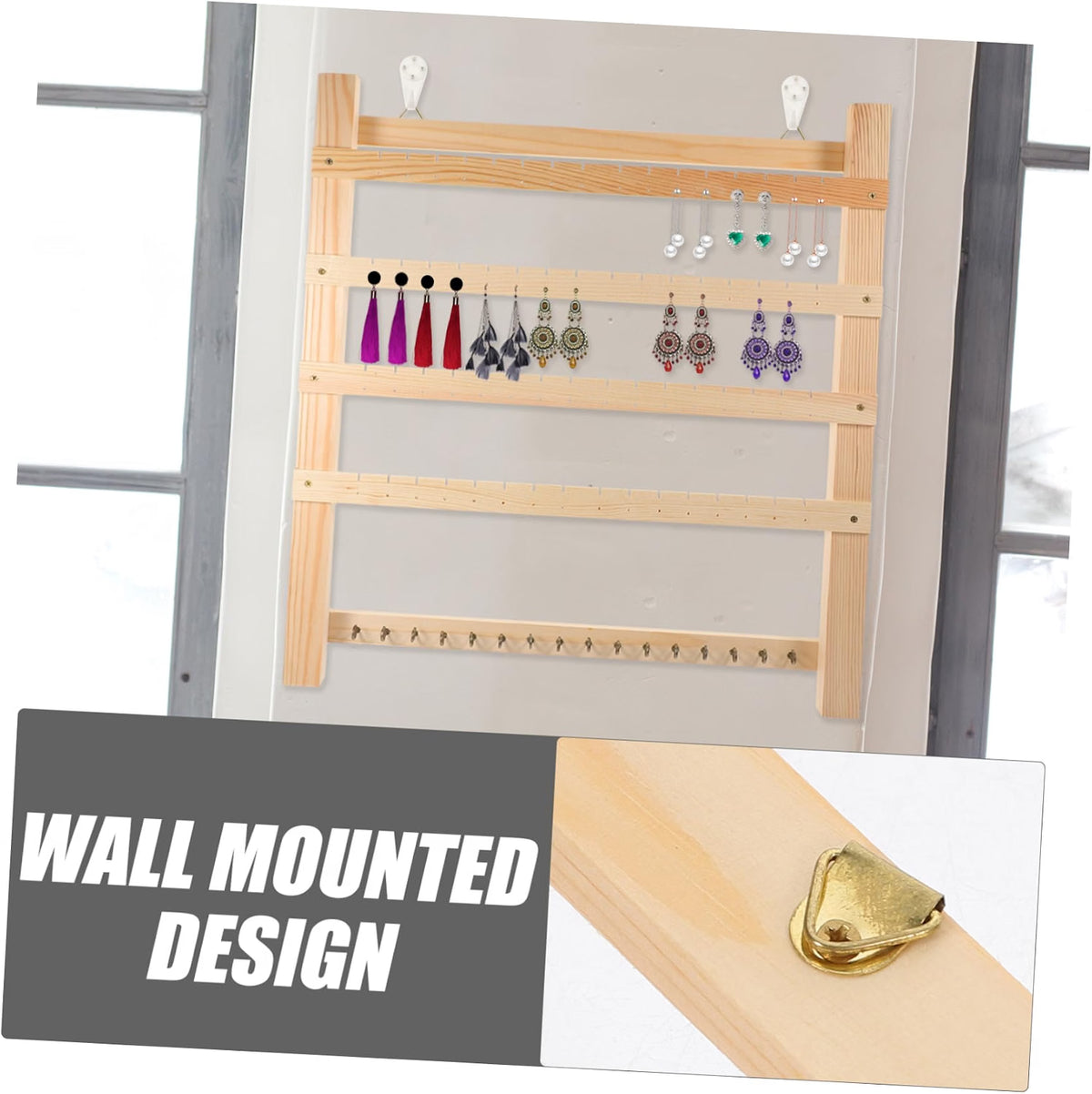 Wooden Jewelry Organizer Earring Display Rack Wall Mounted Khaki Finish, Open Storage Design, Reusable Home and Trade Show Setup, Safe and Easy to Use