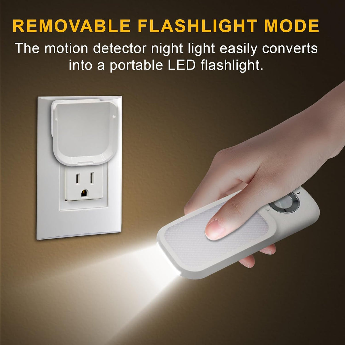Motion Sensor Night Light with Flashlight, Dusk-to-Dawn Sensor, Adjustable Warm White Brightness for Bedroom & Hallway
