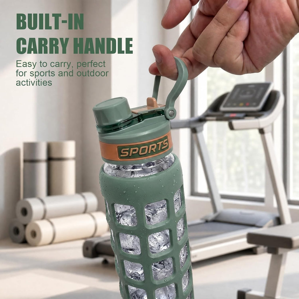 32 oz Borosilicate Glass Water Bottle, 2-in-1 Lid with Silicone Sleeve, Green