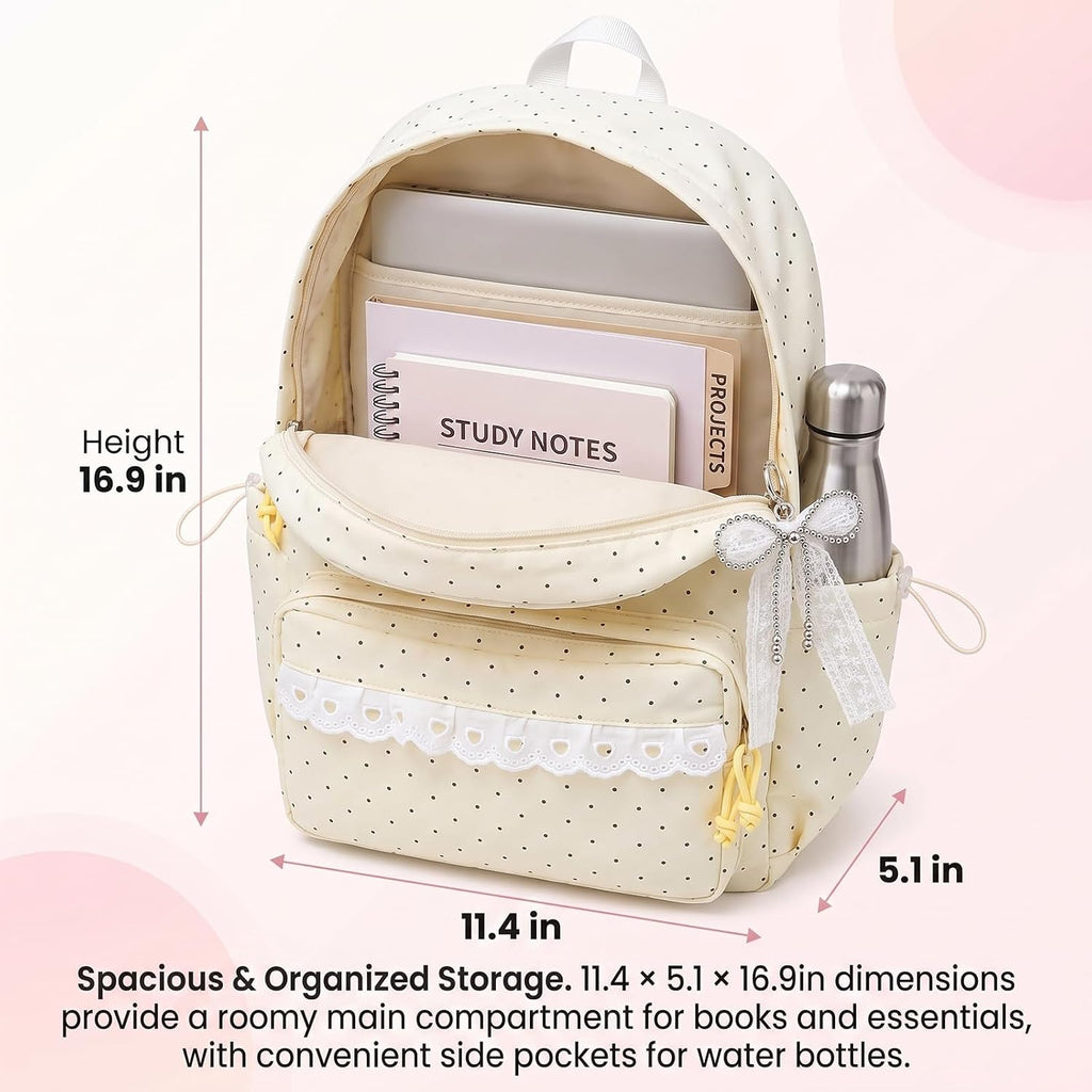 Coquette Backpack Light Yellow Lace Backpack With Bow Accessories, Cute Kawaii Daypack For Laptop, Polka Dot Design (Pink)