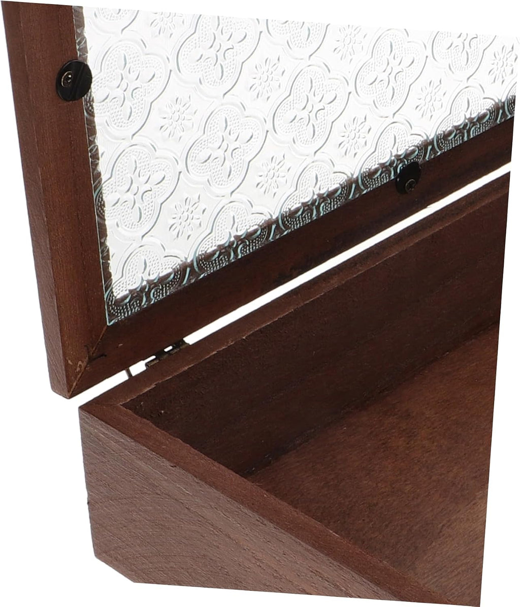 Wooden Jewelry Storage Box for Rings and Keys with Lid Coffee Tone, Antique Retro Style, Glass Top, Delicate Keepsake Organizer for Anniversary and New Year
