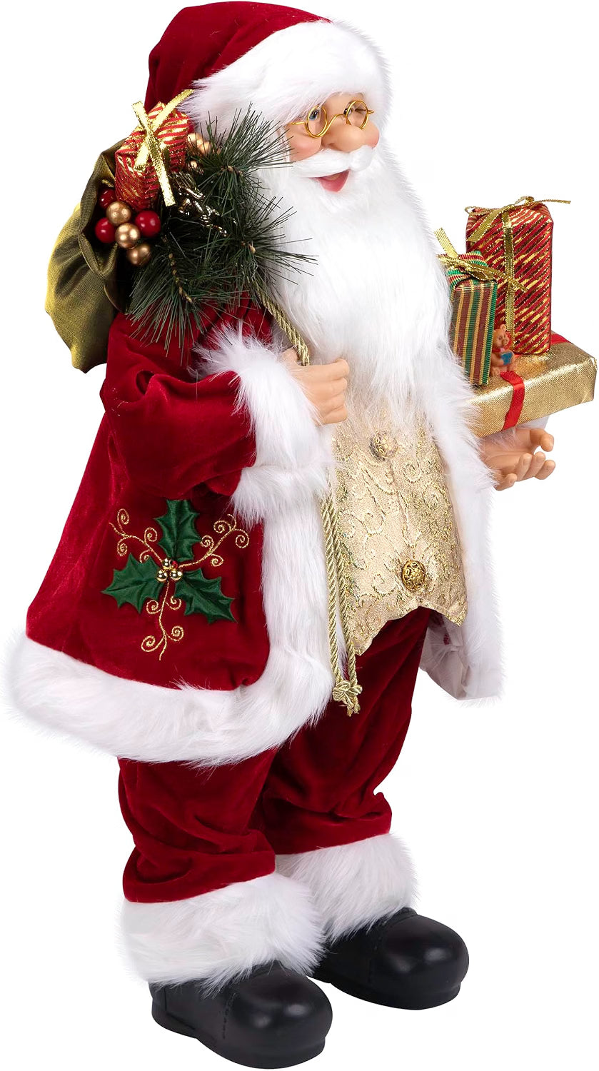 24" Red Holly Berry Standing Santa Claus with Presents and Gift Bag Christmas Figurine