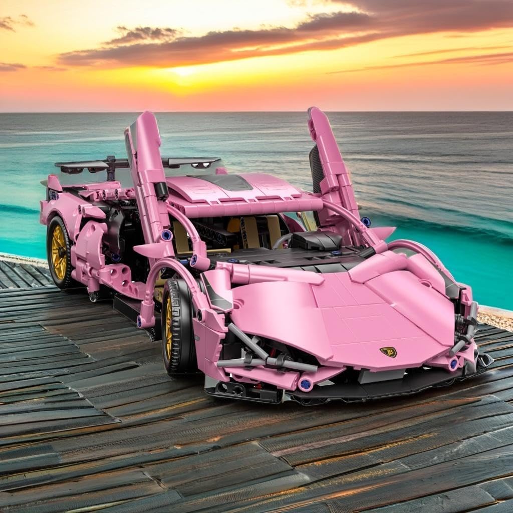 Pink Race Car Building Blocks, 1:14 Supercar Model Kit