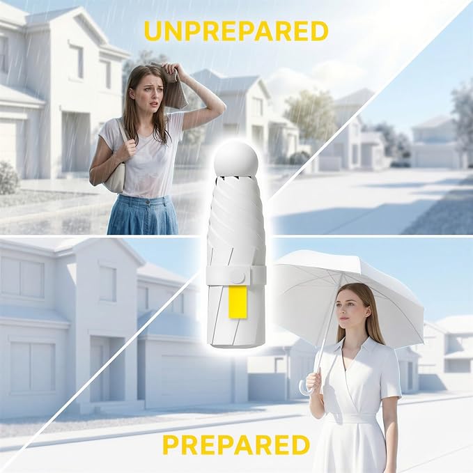 2 Pcs Small Compact Sun Umbrella with Case, Lightweight 5 Fold Mini Purse Parasol (White)