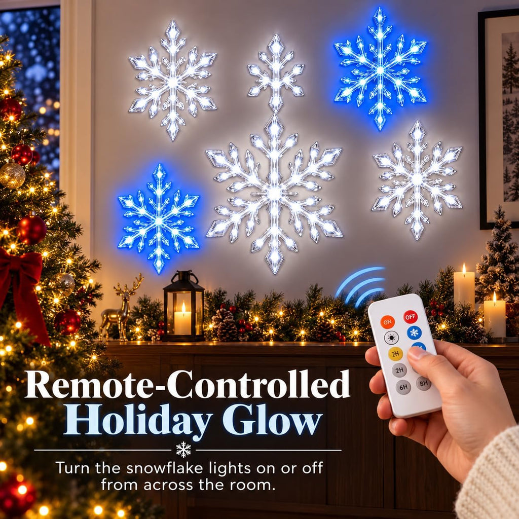 LED Snowflake Lights with Remote, 3D Christmas Wall Decor (6 Pcs) Remote-Controlled LED Snowflake Wall Lights, 10 cm Each, Blue/White Options, 6