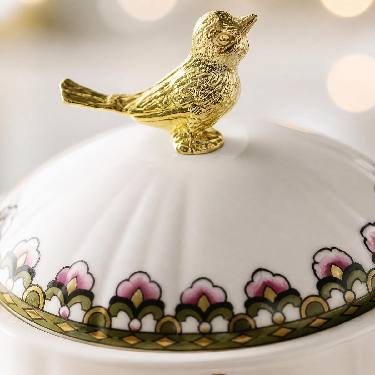 Ceramic Sugar Bowl with Lid, Floral Bird Vintage Kitchen Storage Canister