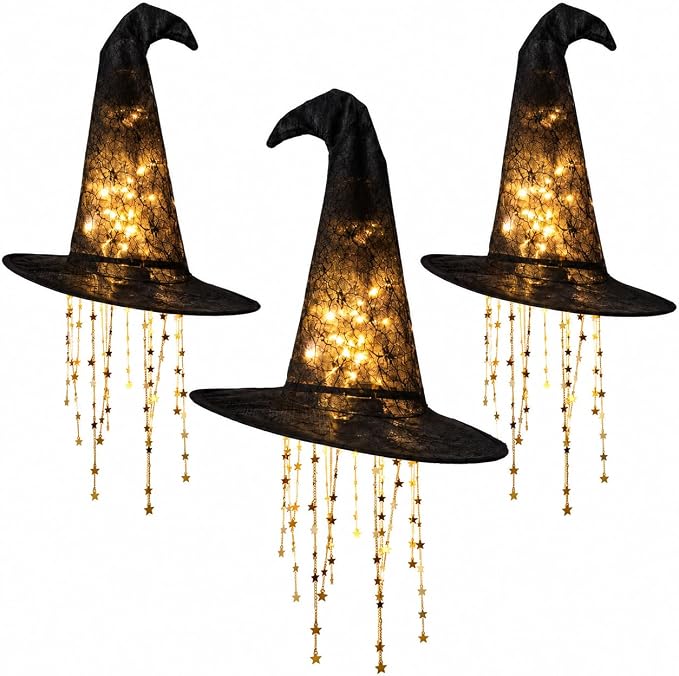 Lighted Witch Hat Hanging Decor, Fabric Witch Hat Lamp for Halloween (3 Pcs)