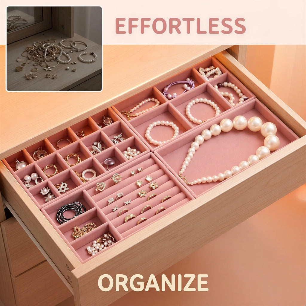 Velvet Jewelry Drawer Organizer Trays, Stackable Compartment Trays with Detachable Dividers