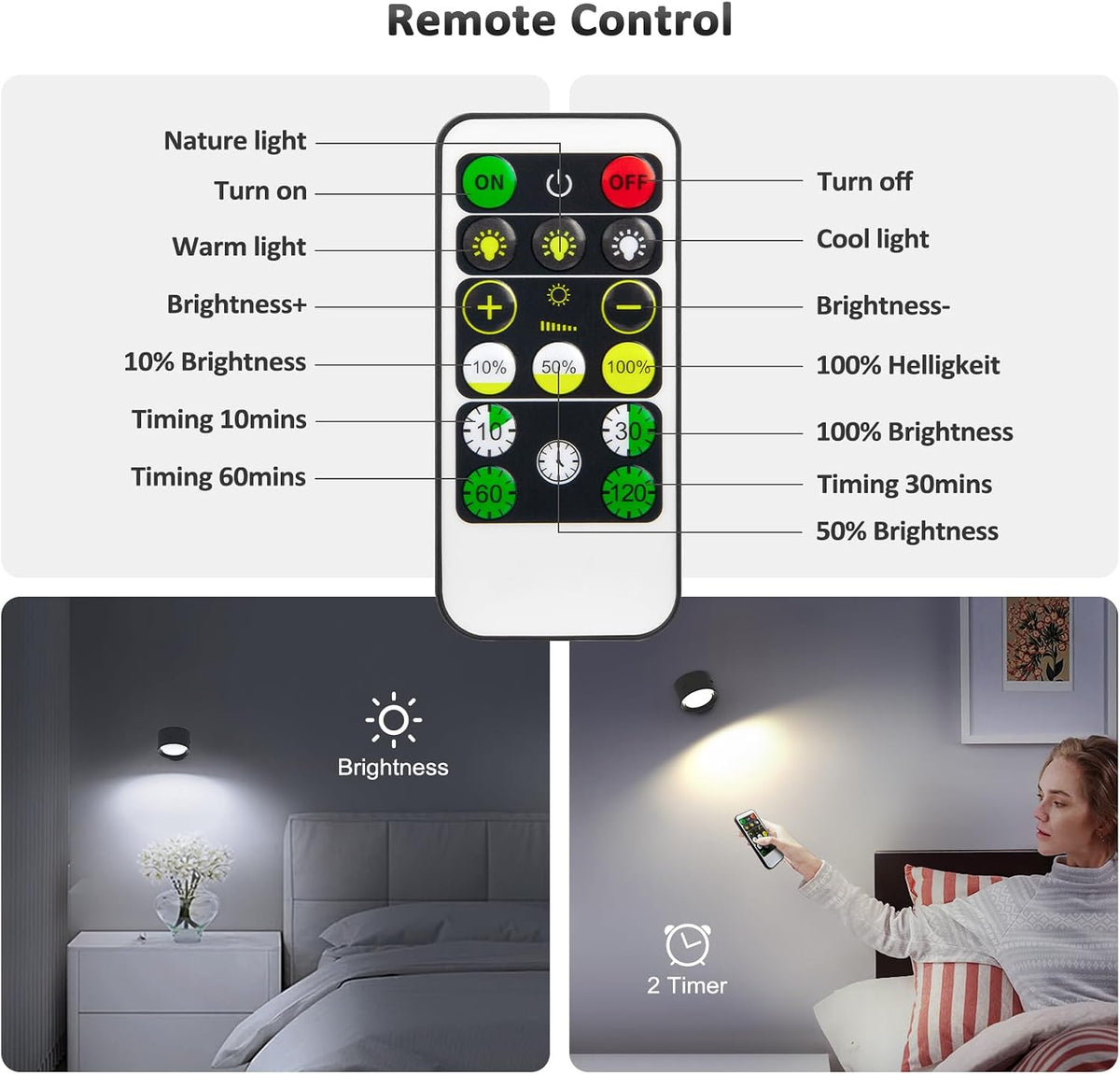 Lightbiz-Racokky LED Wall Sconces, 2-Pack Rechargeable 3000mAh Cordless Lights with Remote, Dimmable 3-Color Magnetic 360° Rotation