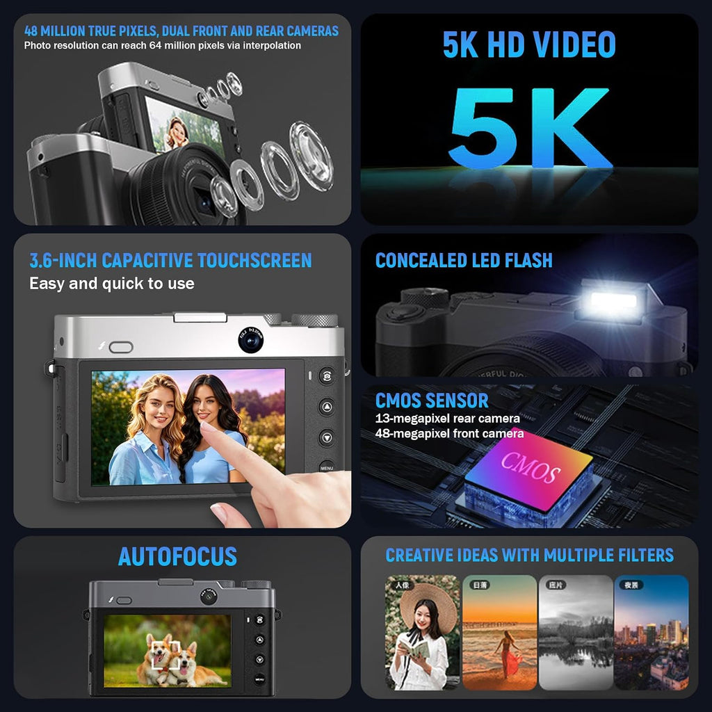 5K Digital Camera, Autofocus Point-and-Shoot Camera